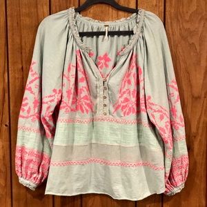 Anthropologie Light Green Tunic Boho Shirt with Hot Pink embroidery